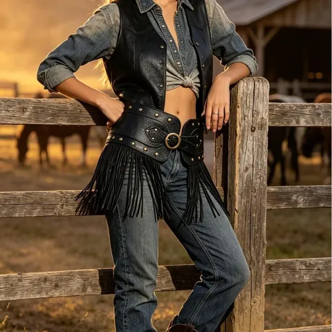 Vintage Western Cowboy Rivet Fringe Tassel Wide Waist Belt Leather Biker Locomotive Style Cinch Waist Seal For Women Men