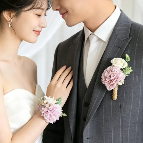 Artificial Carnation Flower Boutonniere Wrist Corsage Set Wedding Groom Bridesmaid Floral Accessories Pink Blue