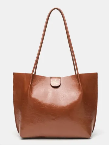 Women Large Capacity Tote Bag PU Leather Commuting Handbag Solid Color Stitching Casual Shoulder Bag