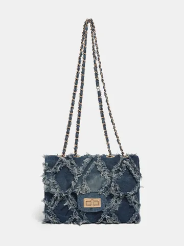 Women Fashion Denim Quilted Crossbody Bag Vintage Chic Chain Shoulder Bag Casual Commuter Flap Bag With Turn-Lock