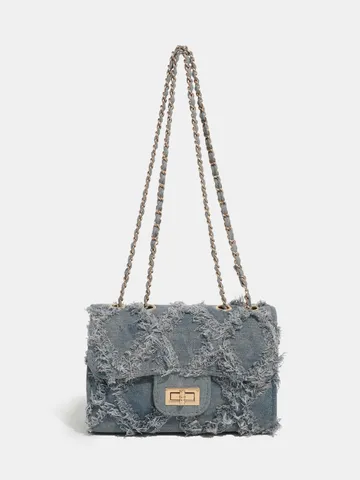 Women Fashion Denim Quilted Crossbody Bag Vintage Chic Chain Shoulder Bag Casual Commuter Flap Bag With Turn-Lock