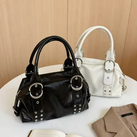 Women Large Capacity PU Leather Tote Bag Rivet Shoulder Bag Casual Commuter Handbag Fashion Top Handle Bag