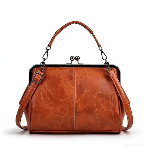 Retro PU Leather Handbag For Women Vintage Kiss-Lock Shoulder Crossbody Bag Elegant Top Handle Satchel Bag