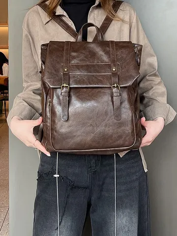 Vintage PU Leather Casual Backpack For Women Men School Bookbag Retro Collegiate Style Waterproof Daypack Daily Travel Bag