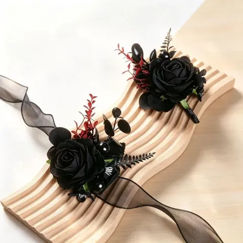 Dunkle Gotische Künstliche Rosen Boutonniere Und Handgelenk Corsage Set Schwarze Seide Blume Hochzeit Party Kleid Dekor
