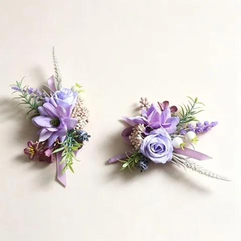 Ensemble de Boutonnière et Corsage de Poignet de Mariage en Fleur de Soie de Rose Artificielle Violette pour Marié Garçon d'Honneur Décor de Cérémonie de Fête de Mariage