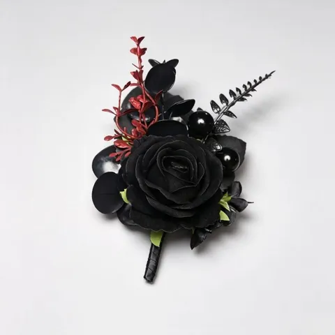 Dunkle Gotische Künstliche Rosen Boutonniere Und Handgelenk Corsage Set Schwarze Seide Blume Hochzeit Party Kleid Dekor