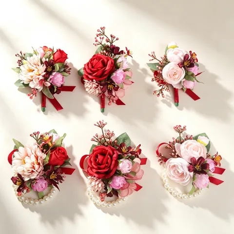 Kunstzijde Roos Pioenroos Corsage Set Huwelijk Feest Bruidegom Bruidsmeisje Bloemdecoratie