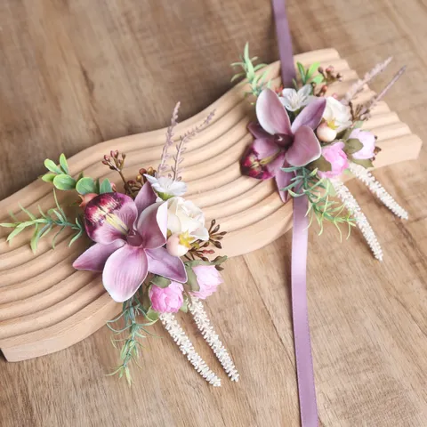 Forest Style Pink Purple Artificial Silk Flower Corsage And Wrist Corsage Set For Wedding Party Celebration Guest Bride Groom
