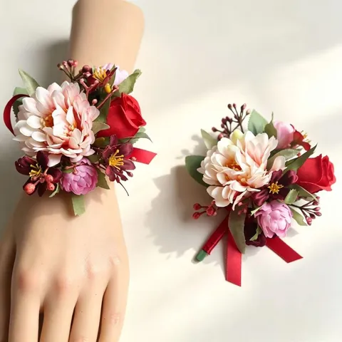 Kunstzijde Roos Pioenroos Corsage Set Huwelijk Feest Bruidegom Bruidsmeisje Bloemdecoratie