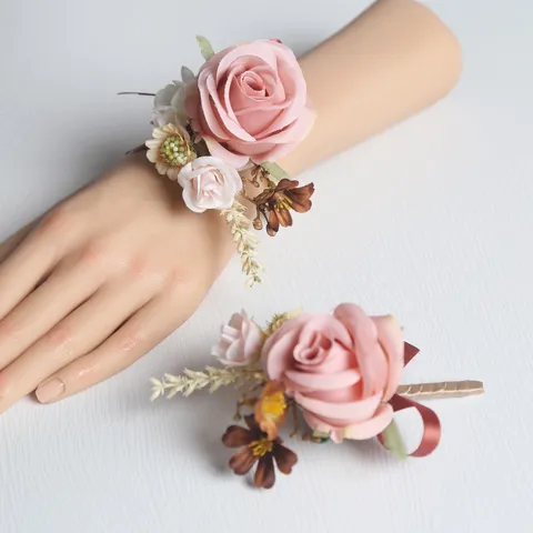 Pink White Rose Artificial Silk Flower Wedding Corsage And Wrist Flower Groom Best Man Bride Bridesmaid Party Decor
