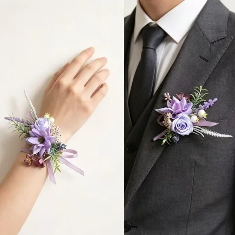 Ensemble de Boutonnière et Corsage de Poignet de Mariage en Fleur de Soie de Rose Artificielle Violette pour Marié Garçon d'Honneur Décor de Cérémonie de Fête de Mariage