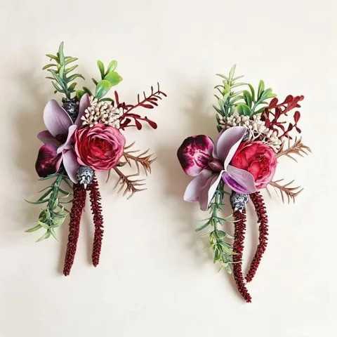 Retro Wald Stil Rote Rose Orchidee Künstliche Blume Ansteckblume Und Handgelenk Korsage Für Hochzeit Party Kleid Dekor
