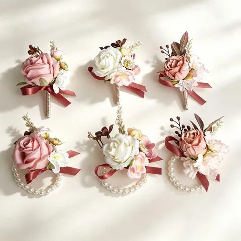 Pink White Rose Artificial Silk Flower Wedding Corsage And Wrist Flower Groom Best Man Bride Bridesmaid Party Decor