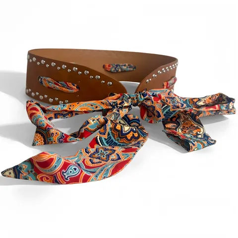 Women Wide PU Leather Belt With Colorful Paisley Scarf And Metal Rivets Casual Punk Style Fashion Waist Belt