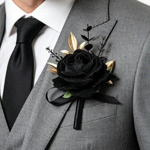 Schwarz Gold Künstliche Rose Ansteckblume Handgelenk Korsage Hochzeit Party Bräutigam Anzug Blume Dunkler Stil Stoff Floral Dekor