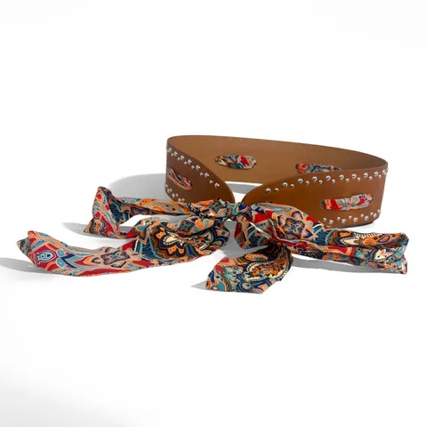 Women Wide PU Leather Belt With Colorful Paisley Scarf And Metal Rivets Casual Punk Style Fashion Waist Belt