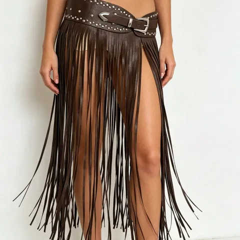 Punk Rivet Fringe Belt PU Leather Wide Waist Skirt Metal Buckle Gothic Casual Fashion Accessories For Women