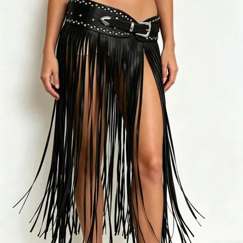 Punk Rivet Fringe Belt PU Leather Wide Waist Skirt Metal Buckle Gothic Casual Fashion Accessories For Women