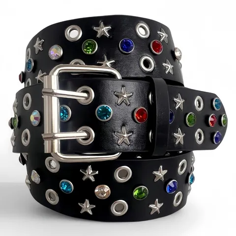 Punk Y2K PU Leather Belt For Women Rhinestone Star Metal Eyelet Decoration Fashion Casual Daily Waist Belt