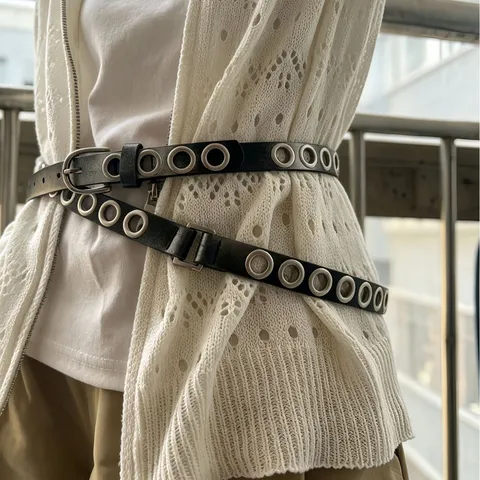Women Fashion Double Layer O-Ring Hollow Out PU Leather Belt Black Silver Hardware Chic Waist Belt