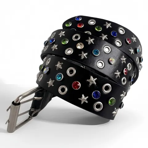 Punk Y2K PU Leather Belt For Women Rhinestone Star Metal Eyelet Decoration Fashion Casual Daily Waist Belt