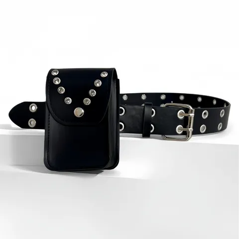 Fashion Rhinestone Eyelet PU Leather Belt With Detachable Bag Double Prong Buckle Waist Band For Women Accessories
