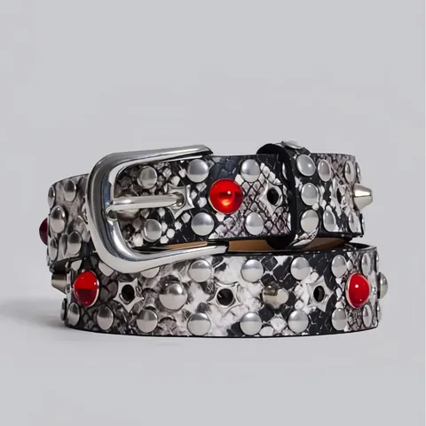 Beige Python Pattern Rivet Artificial Pearl PU Leather Belt Unisex Fashion Metal Pin Buckle Heavy Work Waist Belt