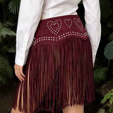 Women Wide Faux Suede Fringe Tassel Belt Western Cowboy Y2K Metal Double Buckle Rivet Waist Corset Belt