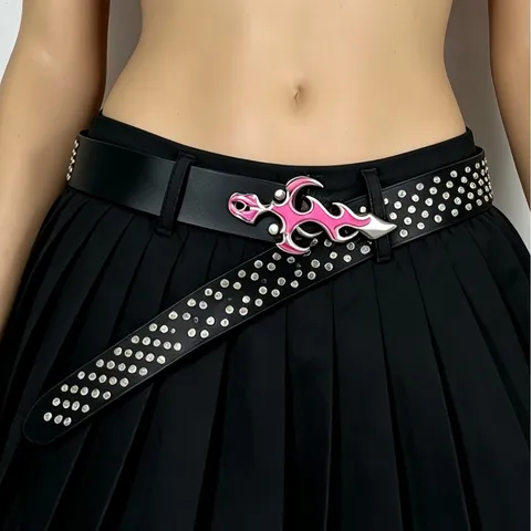 Punk Rivet Leather Belt For Women Y2K Cross Design Metal Buckle Black Adjustable Waist Strap Fashion Accessories