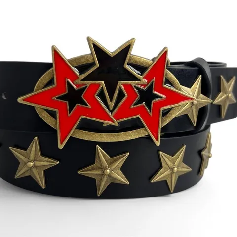 Punk Retro Five Pointed Star PU Leather Belt Unisex Vintage Metal Rivet Black Waist Belt Street Fashion Apparel