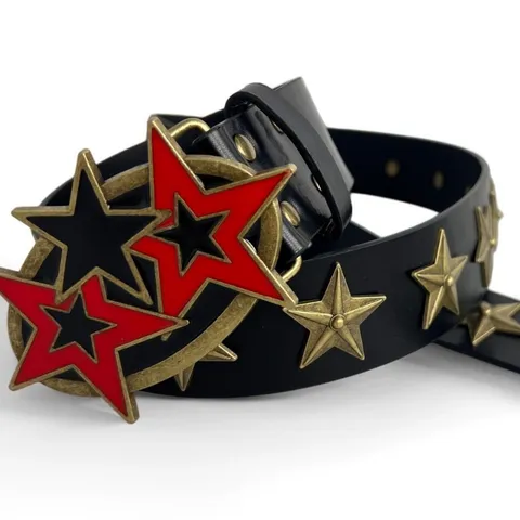 Punk Retro Five Pointed Star PU Leather Belt Unisex Vintage Metal Rivet Black Waist Belt Street Fashion Apparel