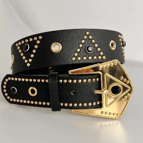 Punk Retro Rhinestone Rivet PU Leather Belt Women Fashion Court Style Black Gold Buckle Waist Belt Clothing Accessory