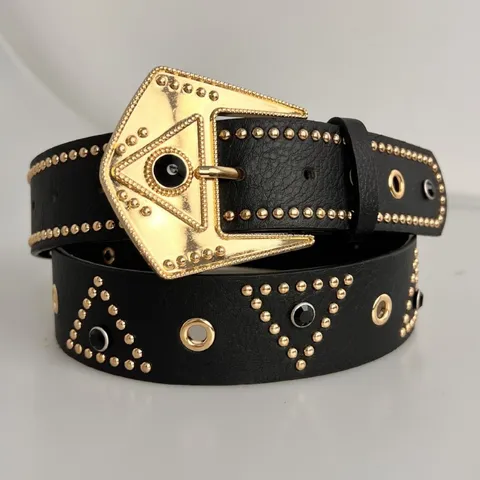 Punk Retro Rhinestone Rivet PU Leather Belt Women Fashion Court Style Black Gold Buckle Waist Belt Clothing Accessory