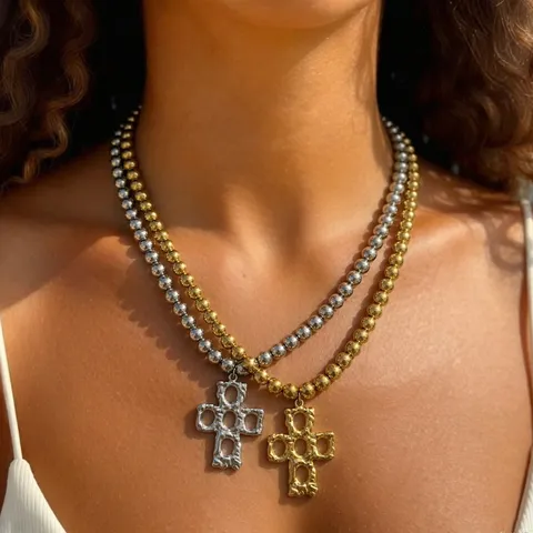 Punk Hip Hop Stainless Steel Beaded Chain Necklace Cross Pendant Vintage Gothic Heavy Metal Jewelry Gift