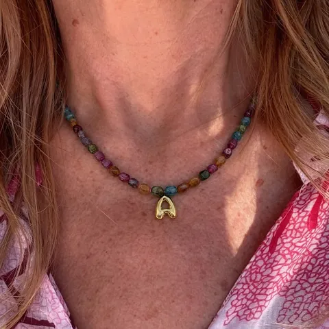 Colorful Natural Stone Beads Stainless Steel Letter Pendant Necklace Fashion Daily Clavicle Chain Jewelry For Women