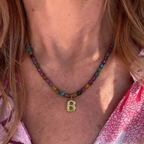Colorful Natural Stone Beads Stainless Steel Letter Pendant Necklace Fashion Daily Clavicle Chain Jewelry For Women