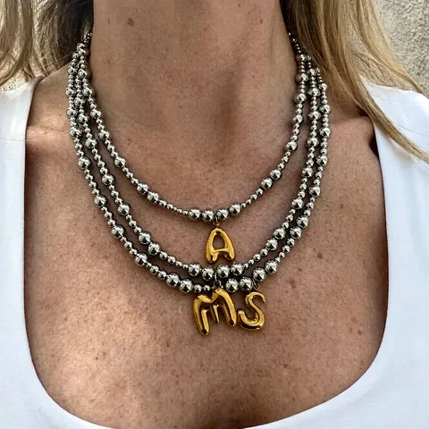 Stainless Steel Bead Chain Necklace With Gold Letter Pendant Fashion Statement Collar Necklace Jewelry For Women