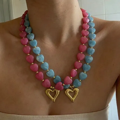 European American Fashion Dopamine Gradient Heart Beaded Necklace Stainless Steel Heart Pendant Necklace For Women Jewelry