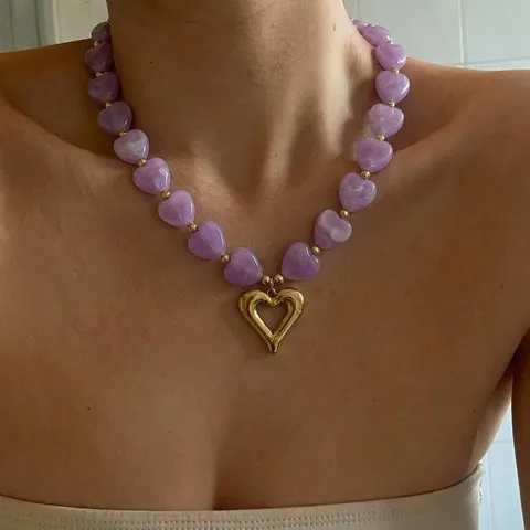 European American Fashion Dopamine Gradient Heart Beaded Necklace Stainless Steel Heart Pendant Necklace For Women Jewelry