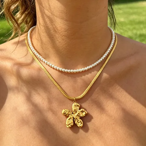 Women Fashion Double Layer Pearl Necklace Stainless Steel Hollow Sun Flower Heart Pendant Necklace Jewelry Gift