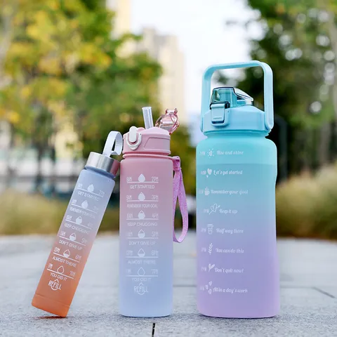 Large Capacity Outdoor Plastic Water Bottle Set With Time Marker Gradient Portable Sport Drinkware For Fitness Gym