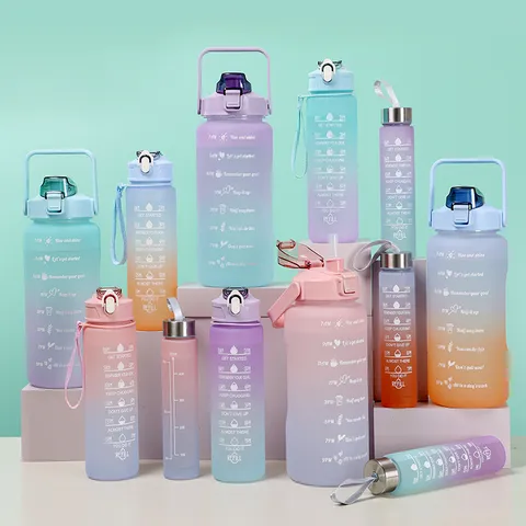 Large Capacity Outdoor Plastic Water Bottle Set With Time Marker Gradient Portable Sport Drinkware For Fitness Gym