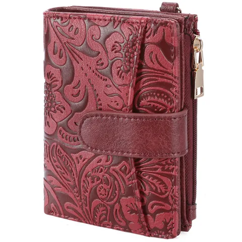 Women's Short Bifold Wallet RFID Blocking Vintage Embossed Floral Pattern PU Leather Purse With Keychain Card Slots