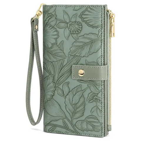 Women Long Wallet PU Leather Embossed Floral Clutch Purse Multiple Card Slots Wristlet Handbag Gift Box