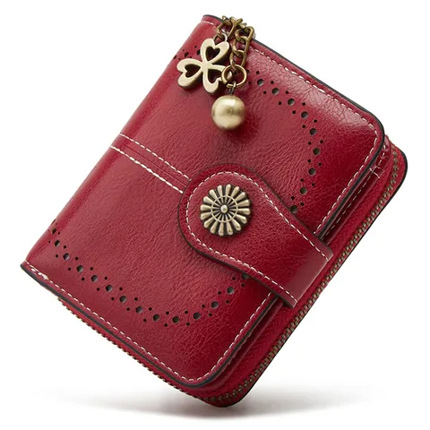 Women's Short PU Leather Wallet Vintage Hollow Design Zipper Button Coin Purse Fashion Card Holder Multi-Pocket Wallet