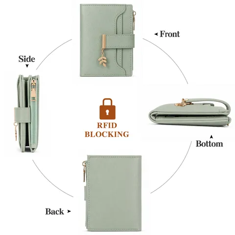 Women Short Wallet Bifold PU Leather Card Holder RFID Blocking Small Purse With Leaf Pendant Fashion Daily Purse