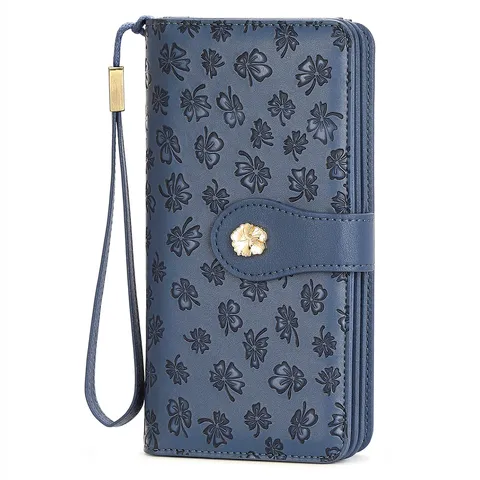 Women's Long Trifold Wallet RFID Blocking Clover Embossed PU Leather Large Capacity Clutch Purse With Wristlet