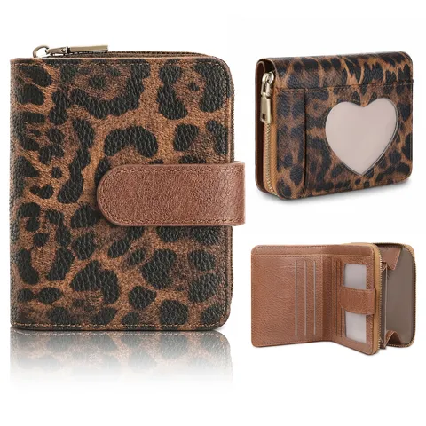 Women Short Wallet Microfiber Leopard Print Cute Bi-fold Coin Purse Zipper Card Holder RFID Blocking Casual Wallet