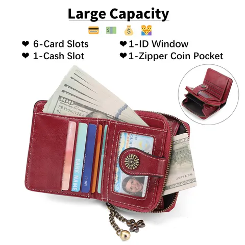 Women's Short PU Leather Wallet Vintage Hollow Design Zipper Button Coin Purse Fashion Card Holder Multi-Pocket Wallet